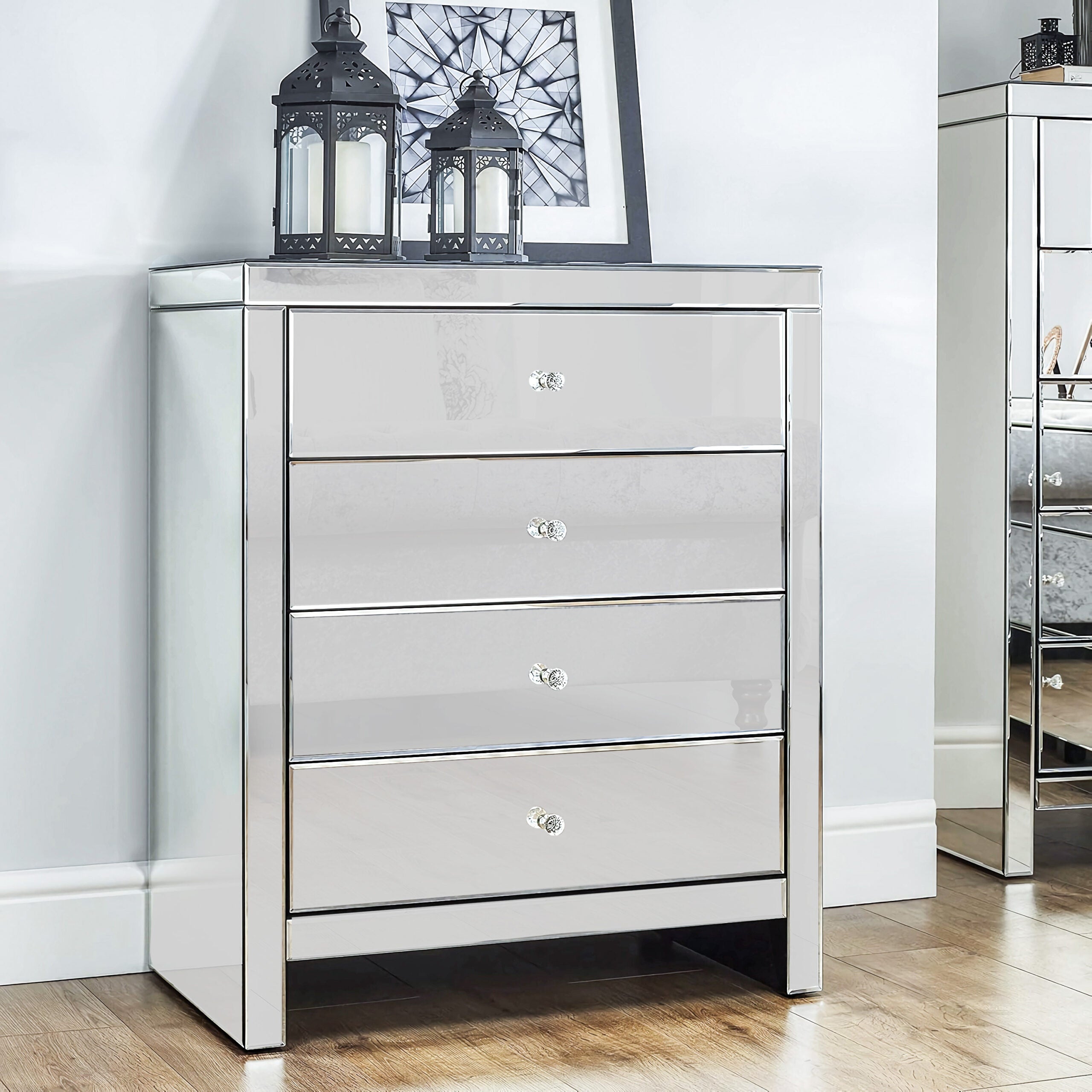 Hollywood Mirrored 4 Drawer Chest Crystal Handles Bedroom Furniture