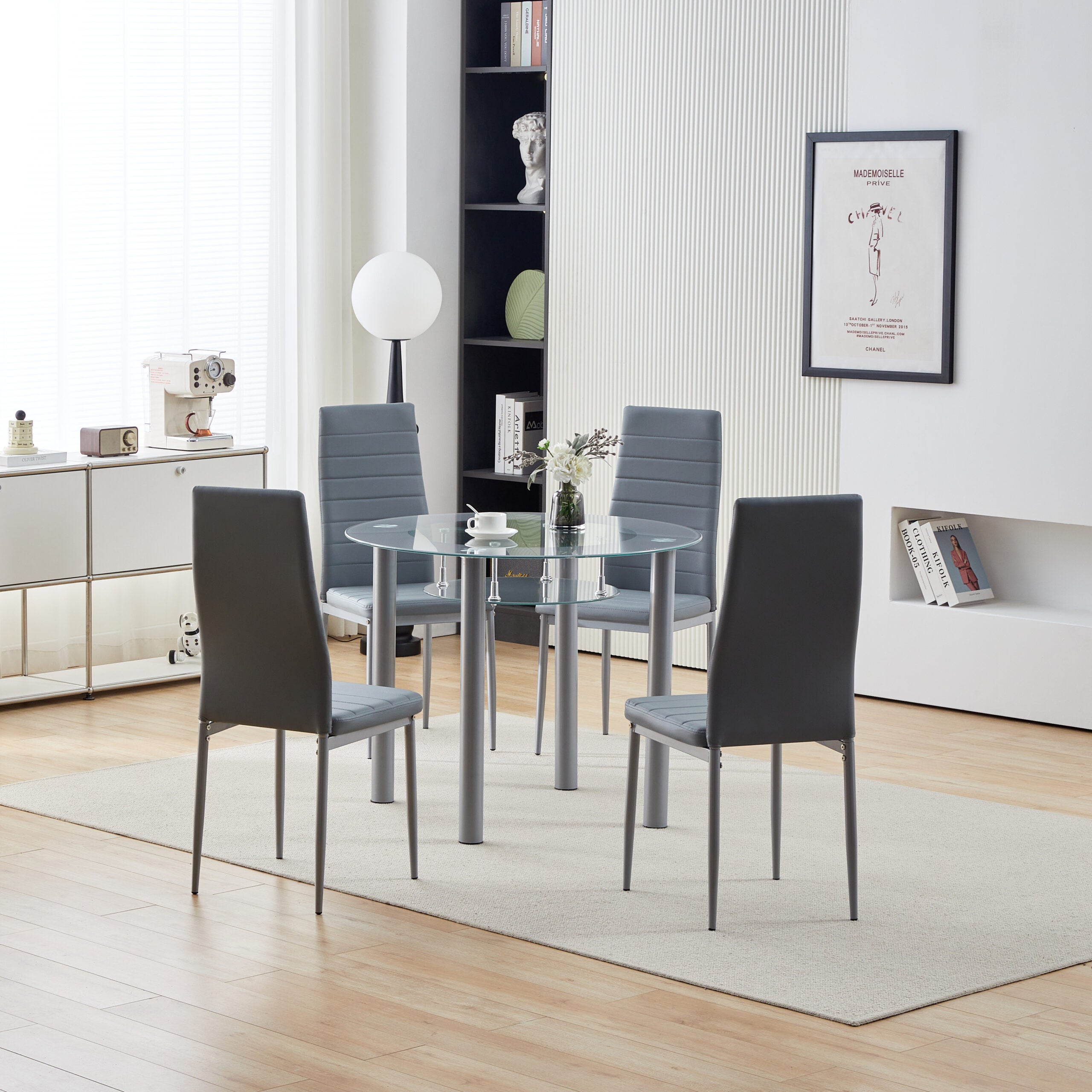 Rocca Glass Dining Set With Circular Dining Table and 4 Faux Leather Upholstered Chairs