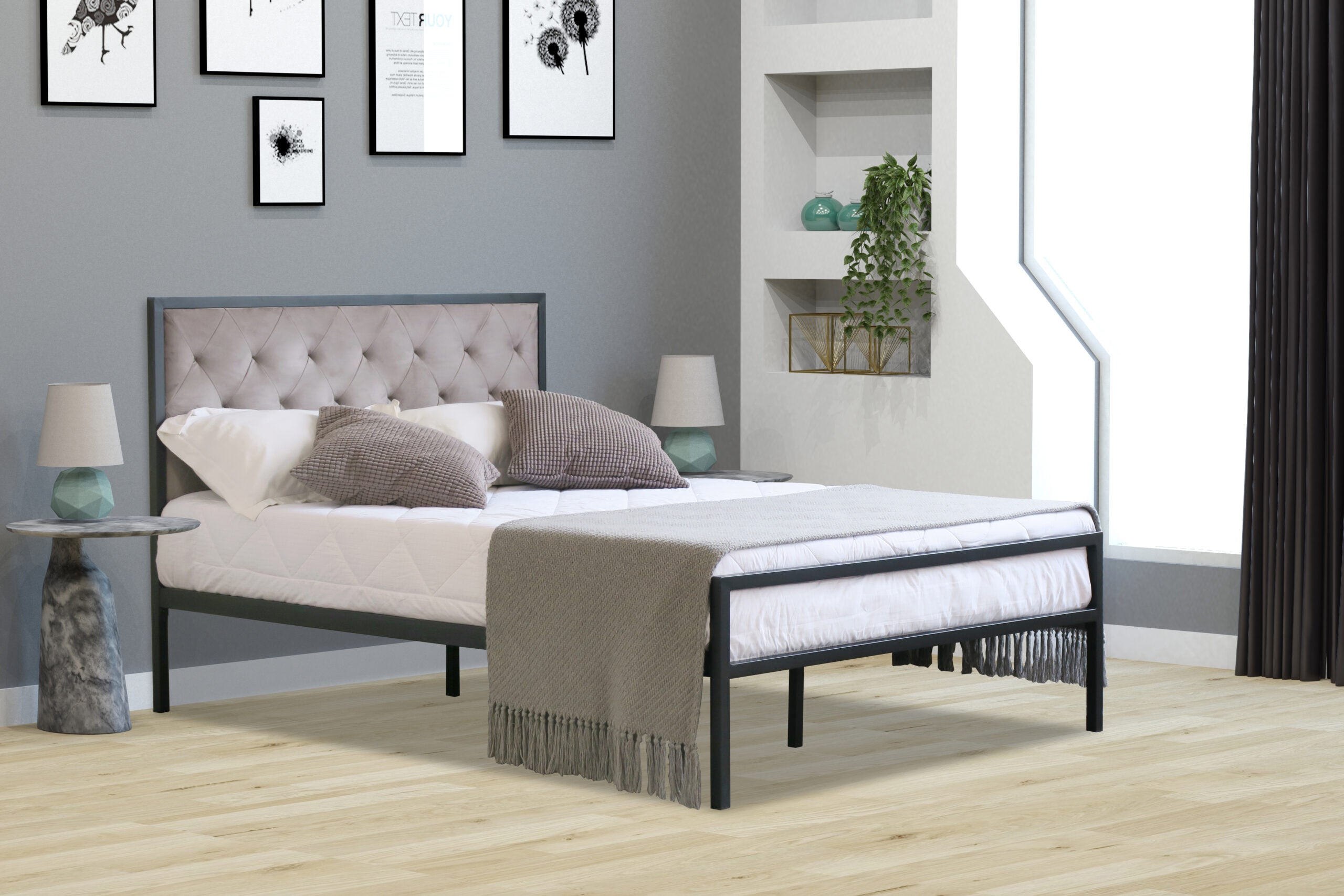 Capri Metal Bed Frame with Plush Velvet Headboard and optional Mattress