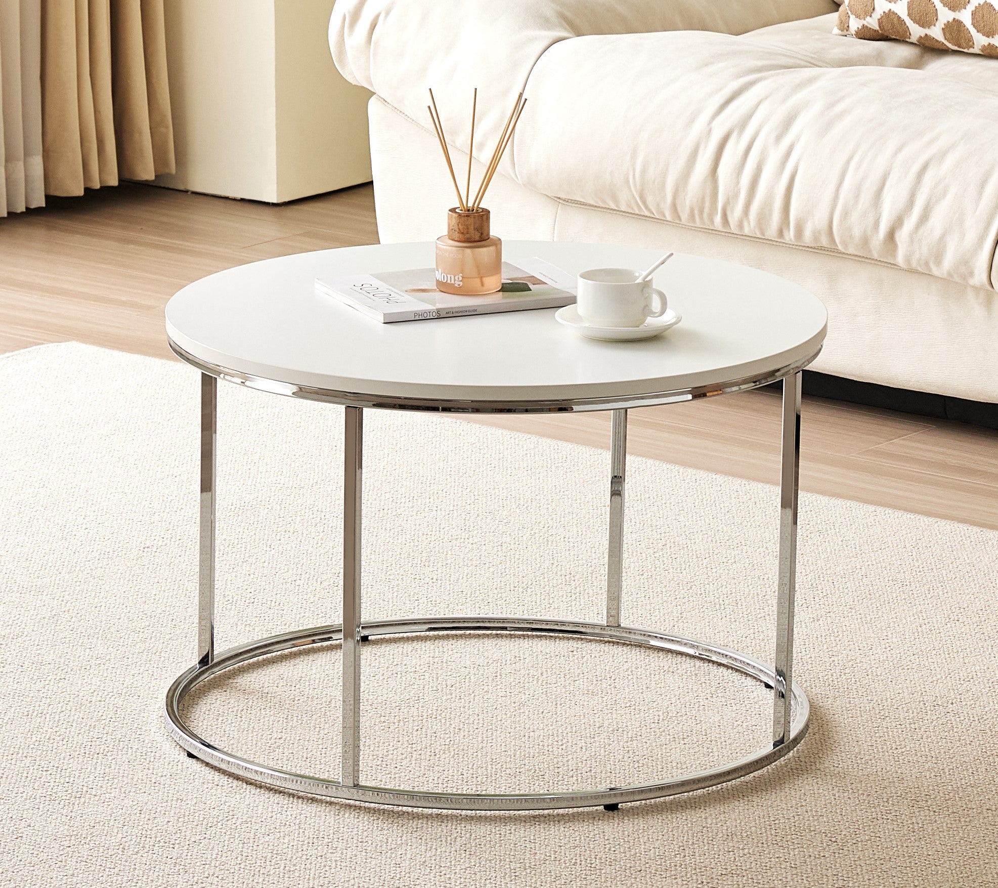 Erin Circular Coffee Table Metal Frame High Gloss Table Top Living Room Side Table