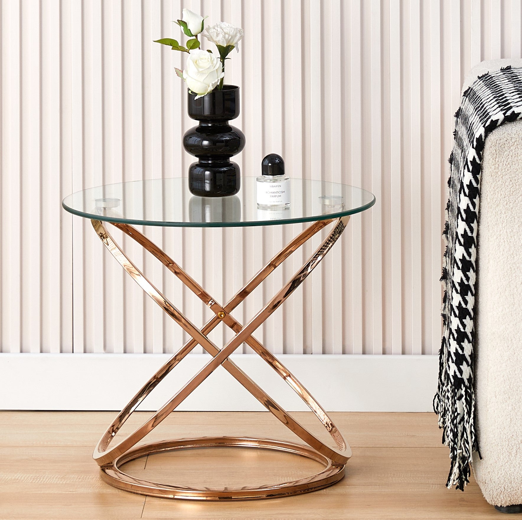 Isabella Round Tempered Glass Lamp Side Table, Chrome Effect, Gold or Silver Living Room