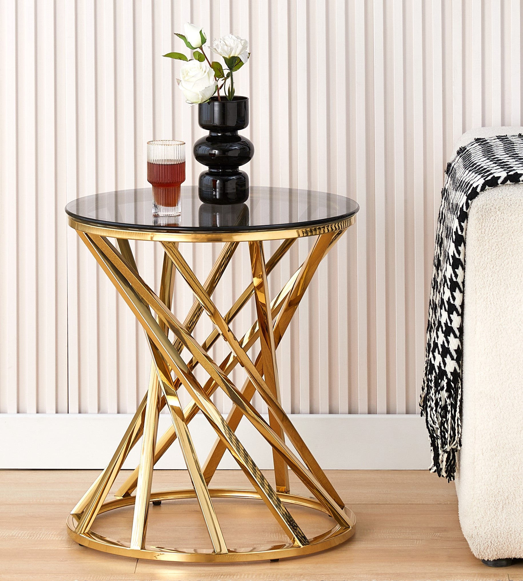 Jasmine Round Metal Lamp Or Side Table With Tinted Glass Tempered Top Living Room