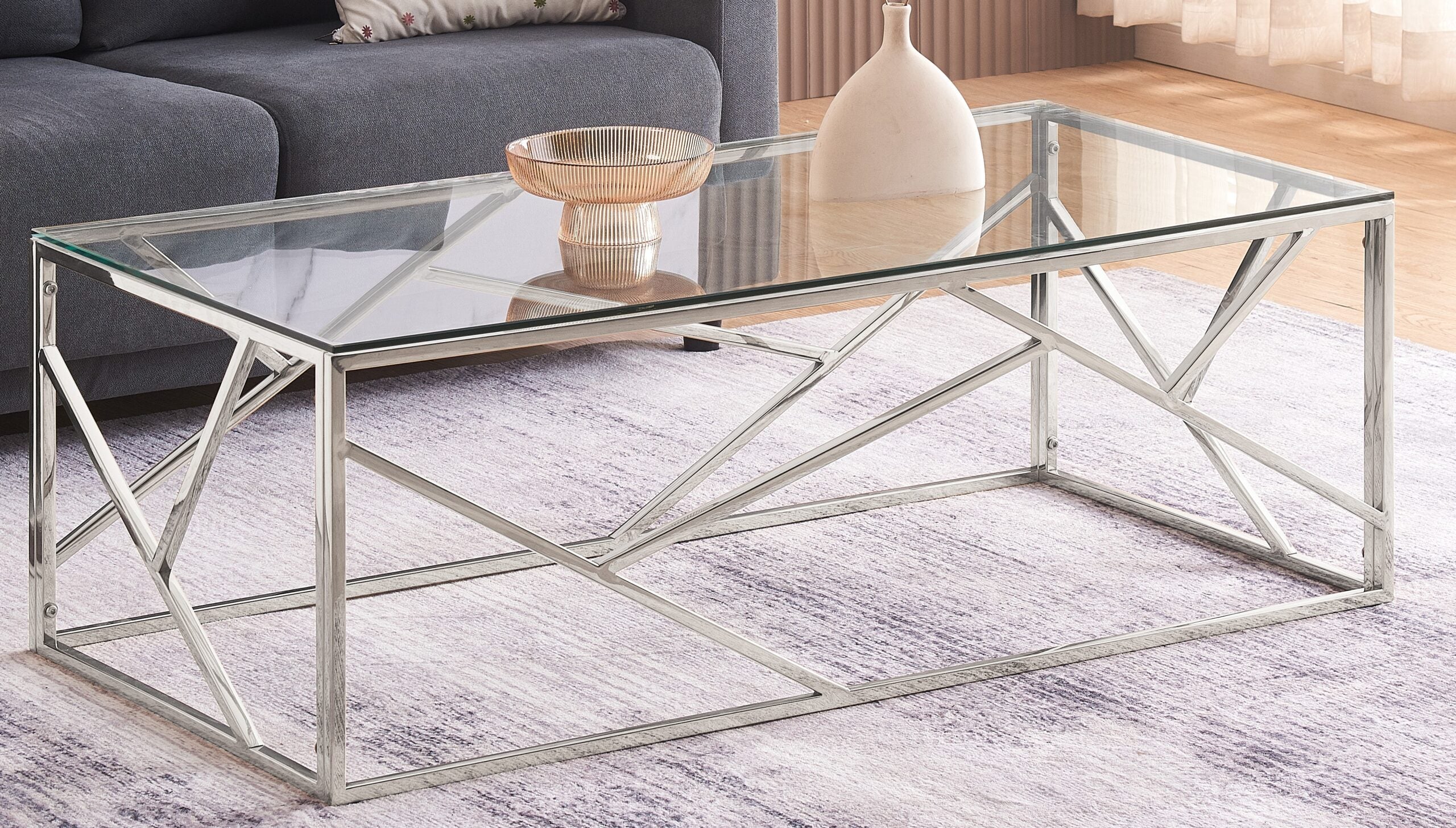Yeldon Glass And Metal Rectangular Coffee Table In Silver Or Gold