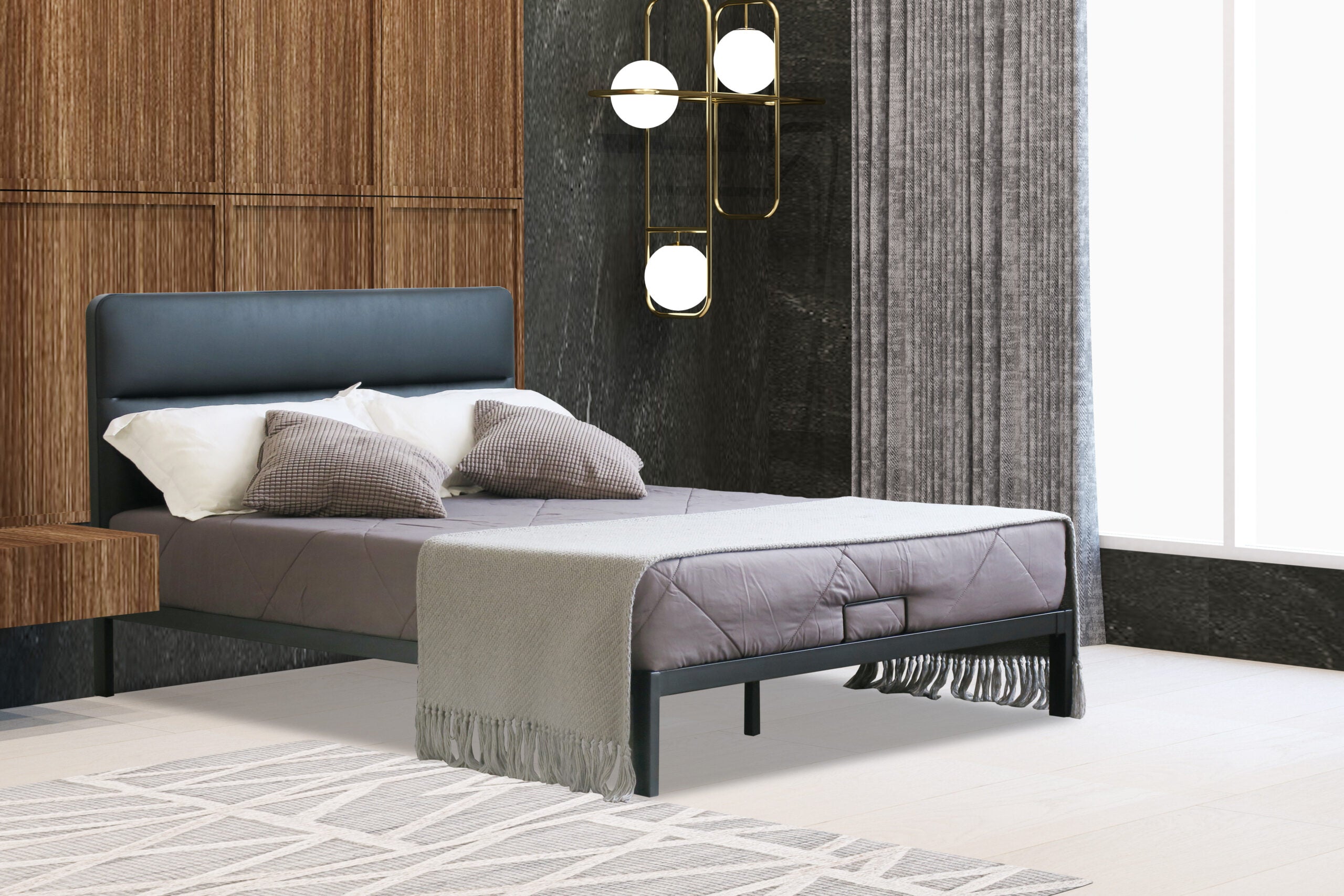 Ponsillo Padded Headboard Metal Bedframe with optional Mattress