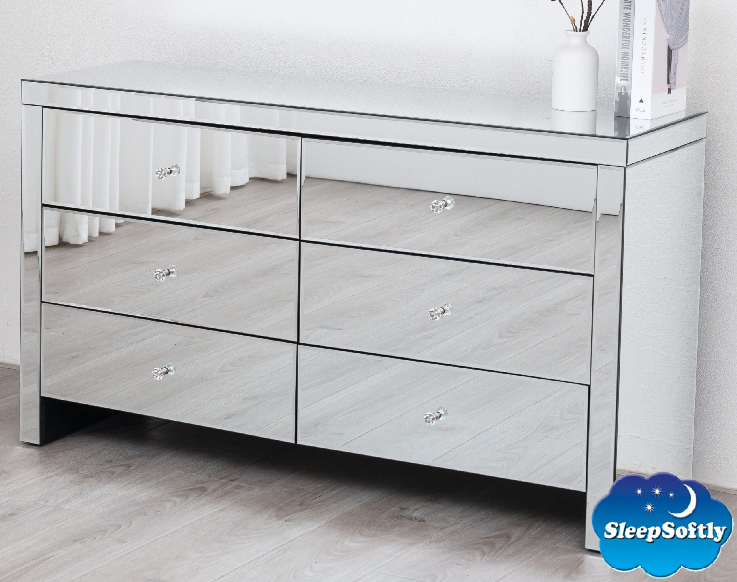 Hollywood Mirrored 6 Drawer Chest Crystal Handles Bedroom Furniture