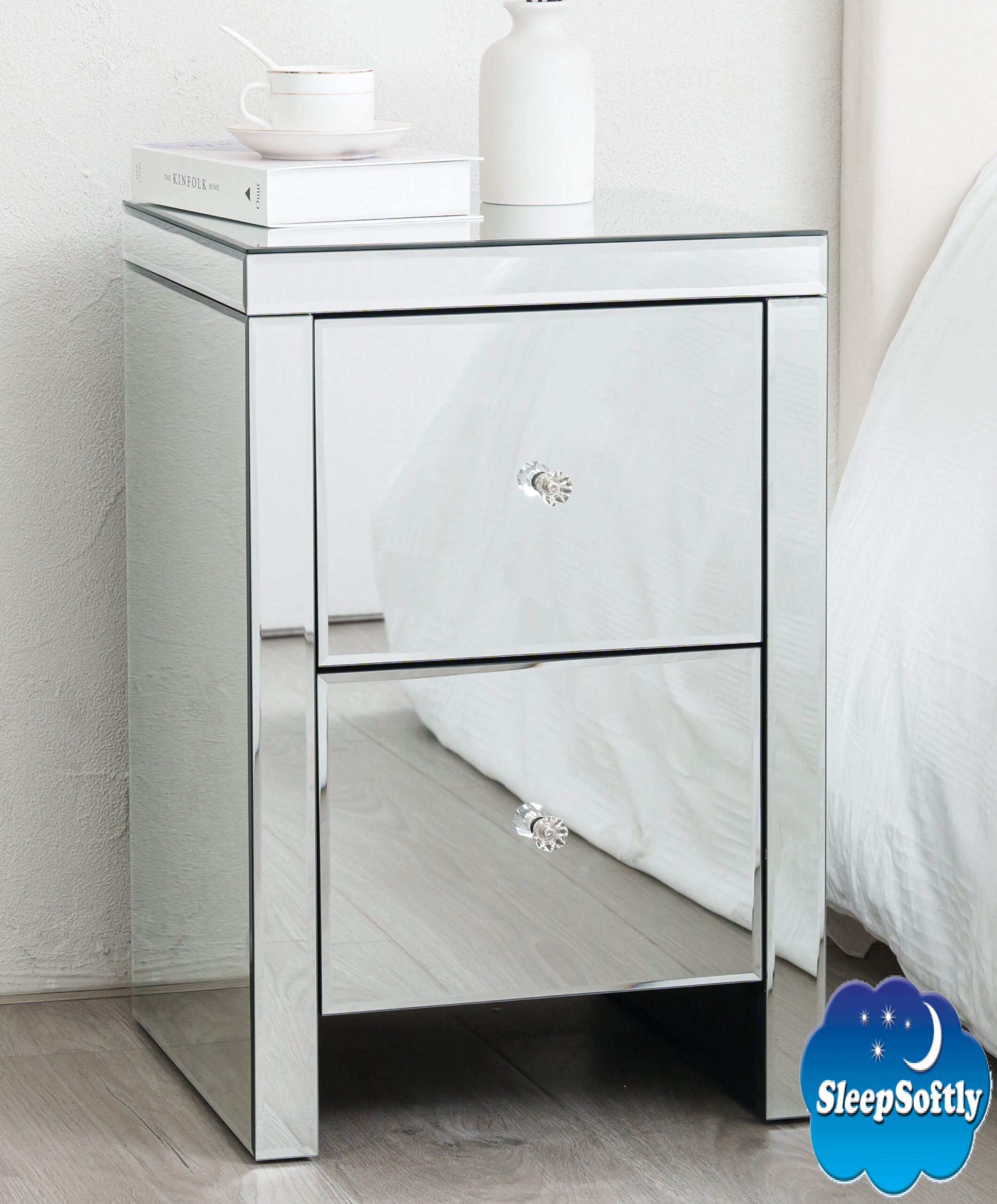 Hollywood Large Mirrored Bedside Table with 2 Drawers Crystal Handles Bedroom Furniture