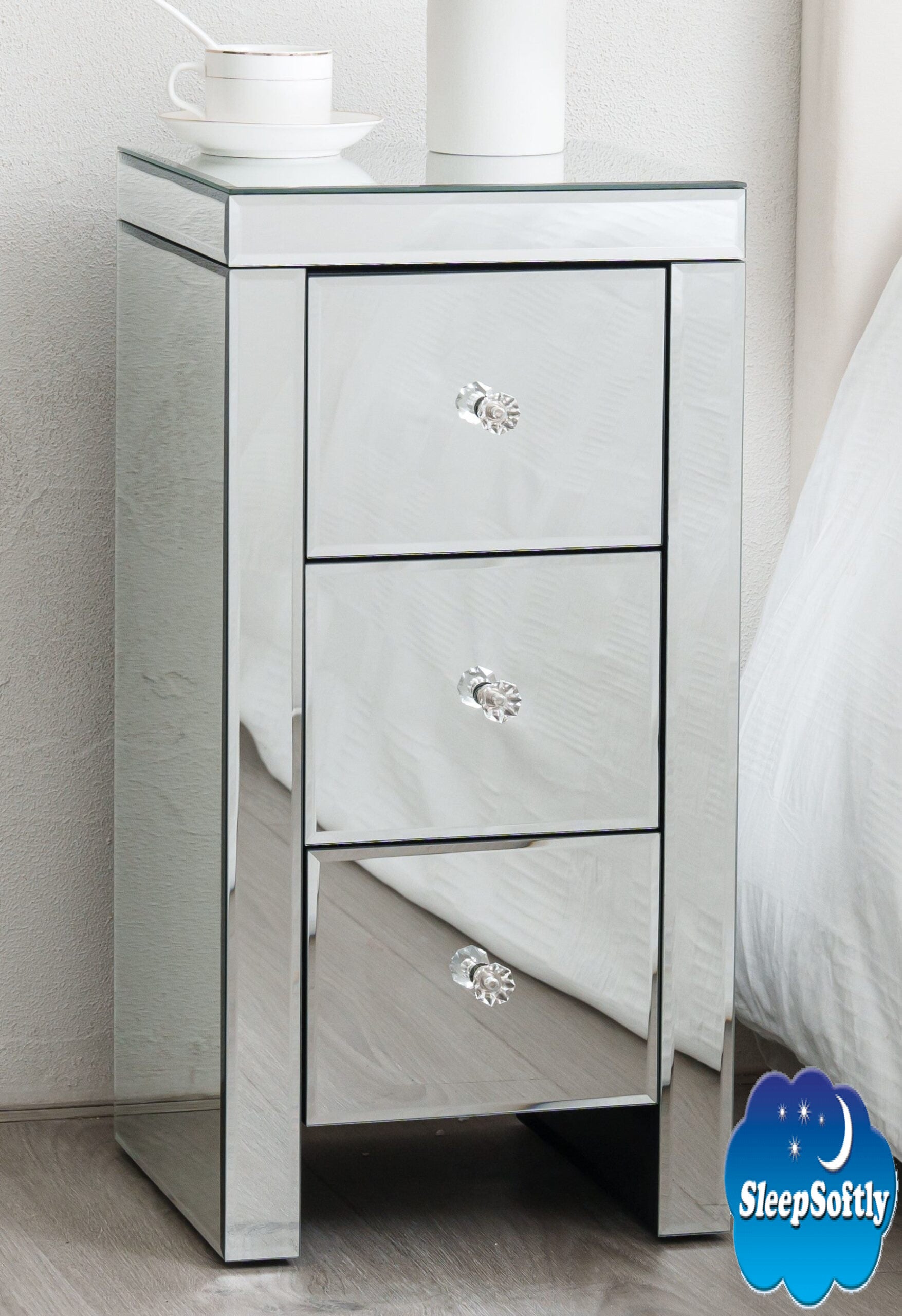 Hollywood Small Mirrored Bedside Table with 3 Drawers Crystal Handles Bedroom Furniture