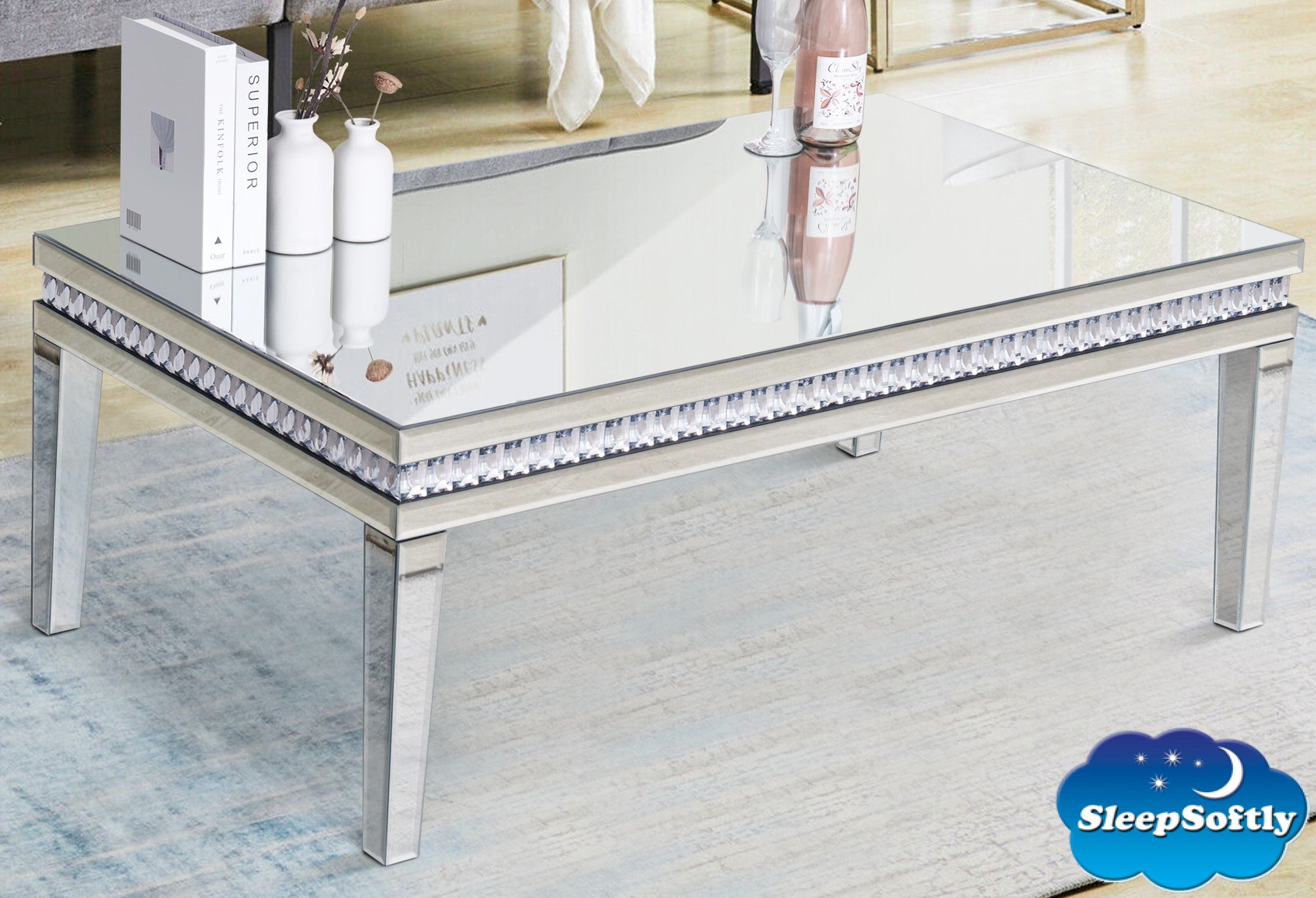Stephanie Mirrored Coffee Table with Crystal Detail Living Room Furniture
