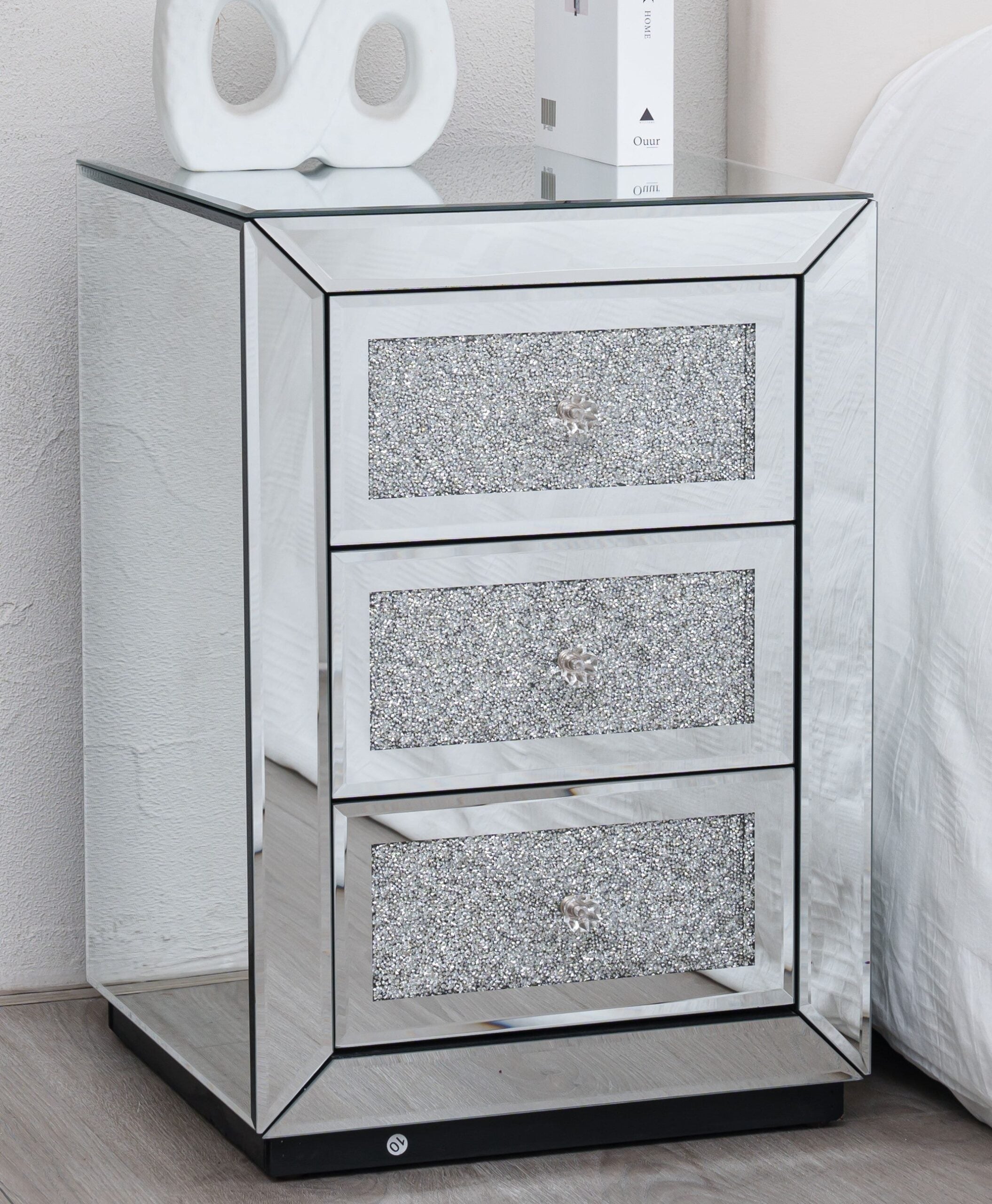 Tiffany Diamond Crystal Mirrored 3 Drawer Bedside Table Bedroom Furniture